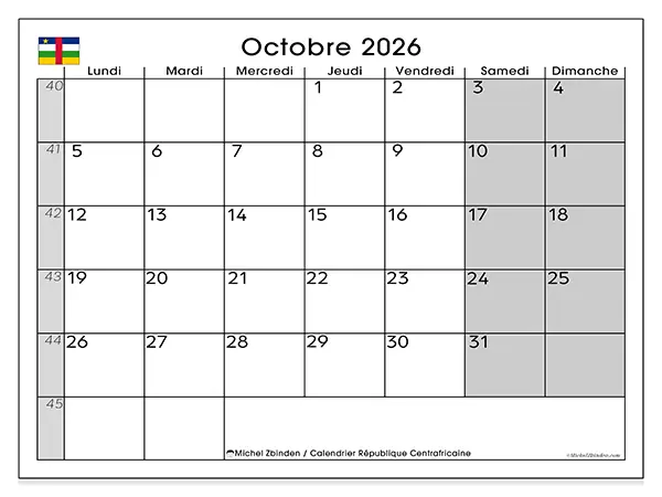 Calendrier octobre 2026 à imprimer - République centrafricaine