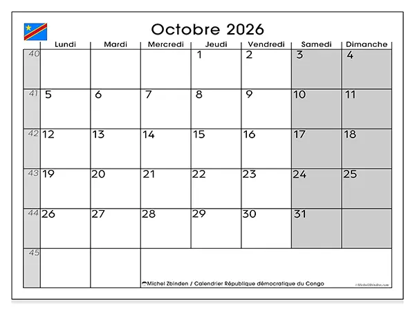 Calendrier octobre 2026 à imprimer - République démocratique du Congo