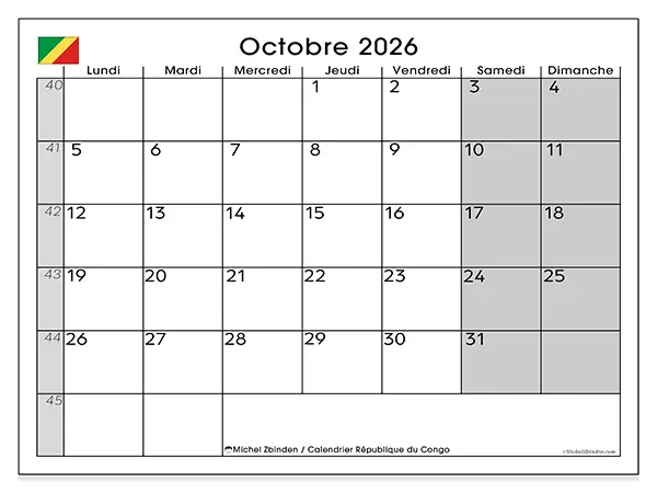 Calendrier octobre 2026 à imprimer - République du Congo
