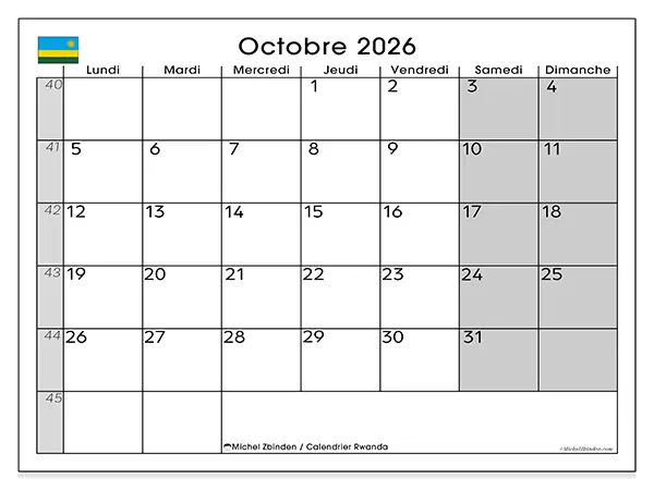 Calendrier octobre 2026 à imprimer - Rwanda