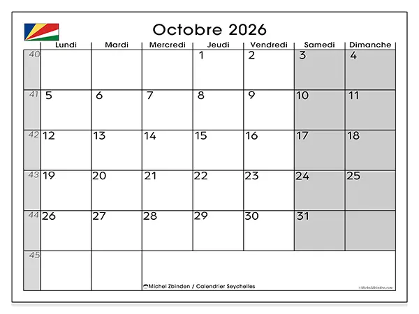 Calendrier octobre 2026 à imprimer - Seychelles