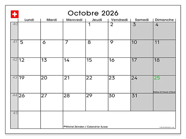 Calendrier octobre 2026 à imprimer - Suisse
