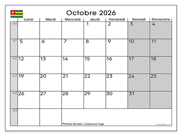 Calendrier octobre 2026 à imprimer - Togo