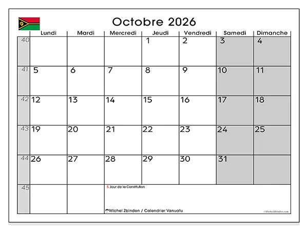 Calendrier octobre 2026 à imprimer - Vanuatu