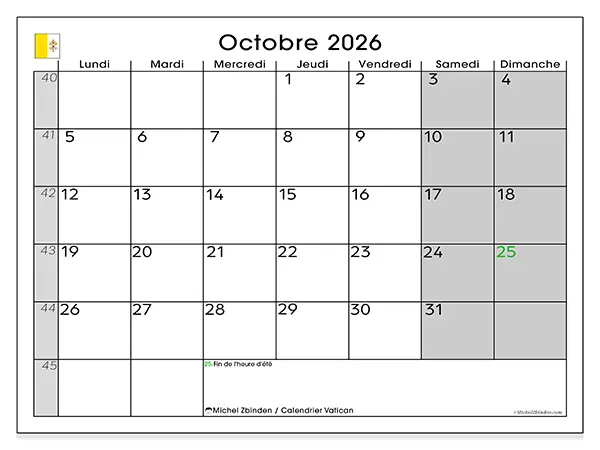 Calendrier octobre 2026 à imprimer - Vatican