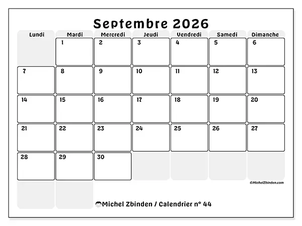 Calendrier septembre 2026 à imprimer - Planning structuré