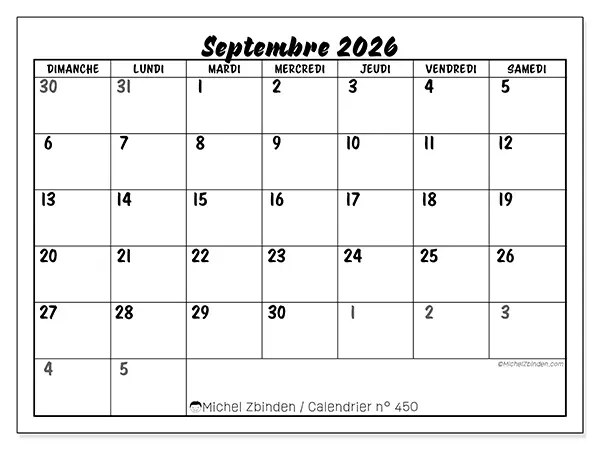 Calendrier septembre 2026 à imprimer - Organisation détaillée - Semaine du dimanche au samedi