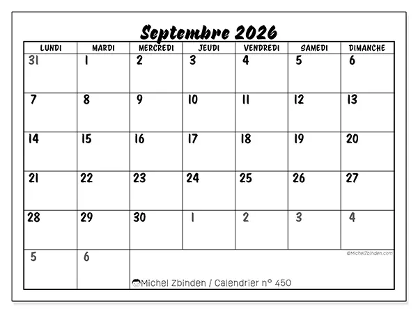 Calendrier septembre 2026 à imprimer - Organisation détaillée