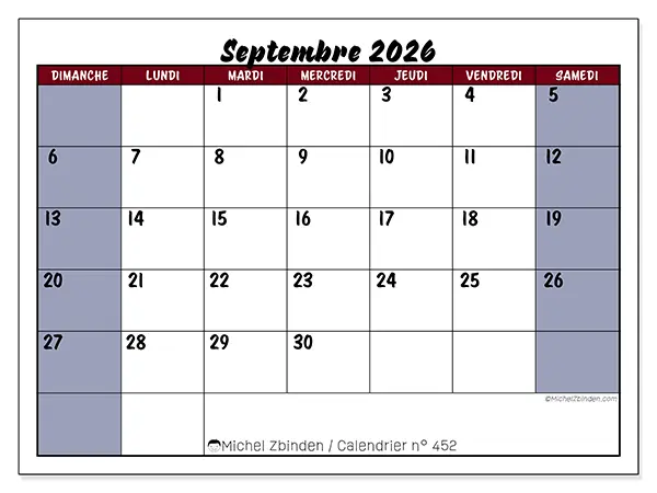 Calendrier septembre 2026 à imprimer - Productivité en couleur - Semaine du dimanche au samedi