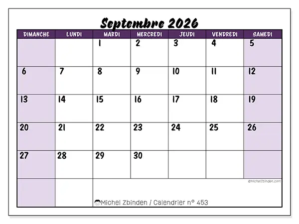 Calendrier septembre 2026 à imprimer - Efficacité colorée - Semaine du dimanche au samedi