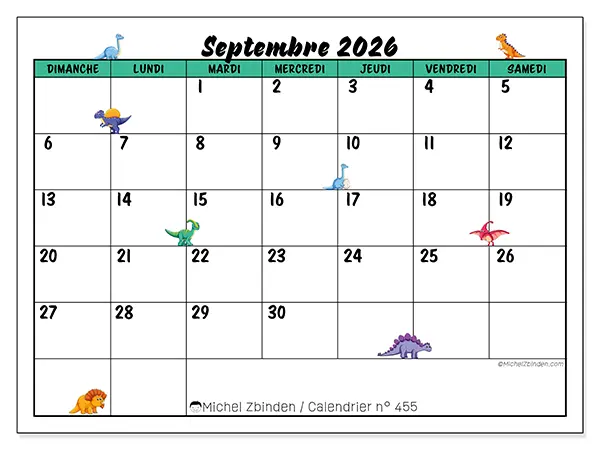 Calendrier septembre 2026 à imprimer - Petits dinosaures - Semaine du dimanche au samedi