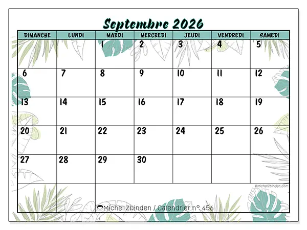 Calendrier septembre 2026 à imprimer - Nature et jardin - Semaine du dimanche au samedi