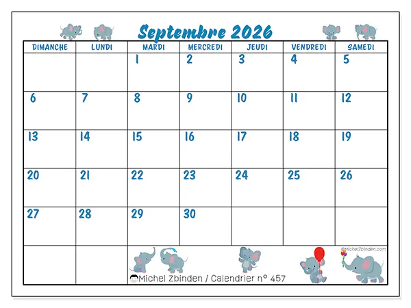 Calendrier septembre 2026 à imprimer - Petits éléphants - Semaine du dimanche au samedi
