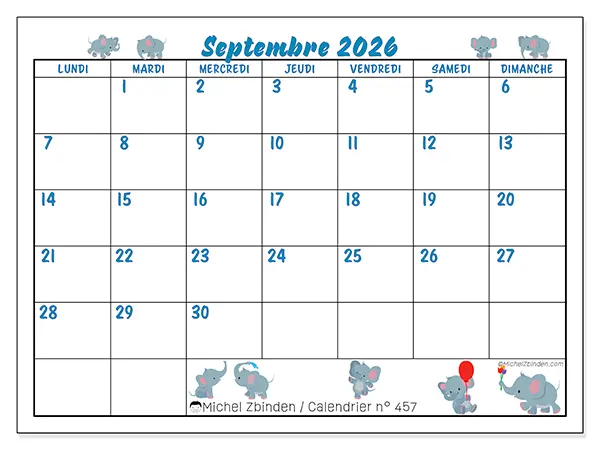 Calendrier septembre 2026 à imprimer - Petits éléphants