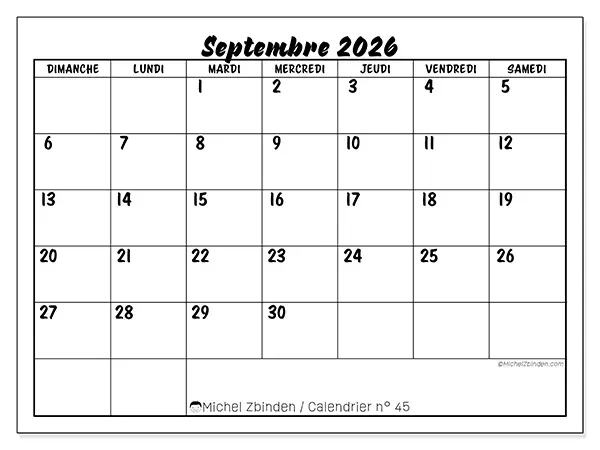 Calendrier septembre 2026 à imprimer - Réussite scolaire - Semaine du dimanche au samedi