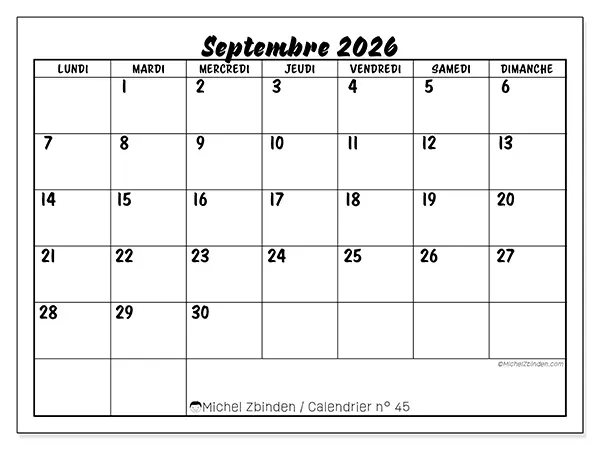 Calendrier septembre 2026 à imprimer - Réussite scolaire
