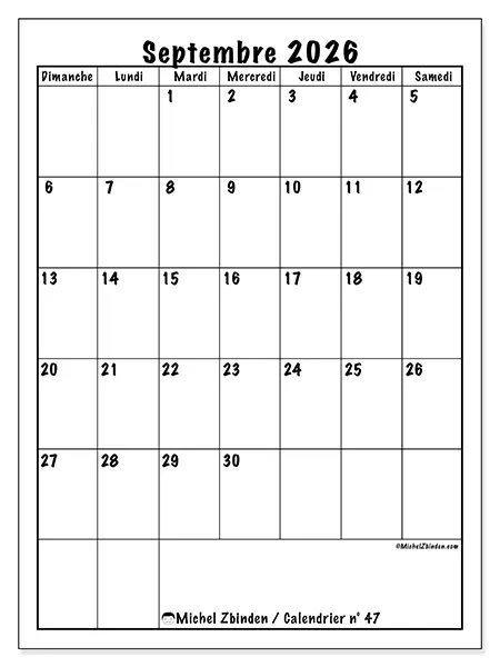 Calendrier septembre 2026 à imprimer - Planning efficace - Semaine du dimanche au samedi