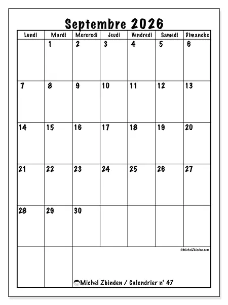 Calendrier septembre 2026 à imprimer - Planning efficace
