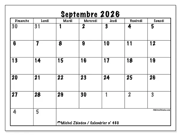Calendrier septembre 2026 à imprimer - Planification complète - Semaine du dimanche au samedi