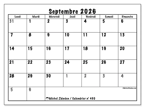 Calendrier septembre 2026 à imprimer - Planification complète
