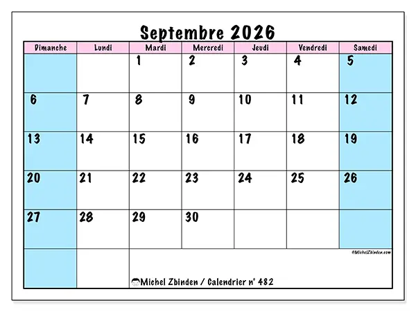 Calendrier septembre 2026 à imprimer - Horaire d’équipe - Semaine du dimanche au samedi