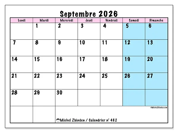 Calendrier septembre 2026 à imprimer - Horaire d’équipe