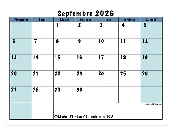 Calendrier septembre 2026 à imprimer - Structuré pour l’école - Semaine du dimanche au samedi