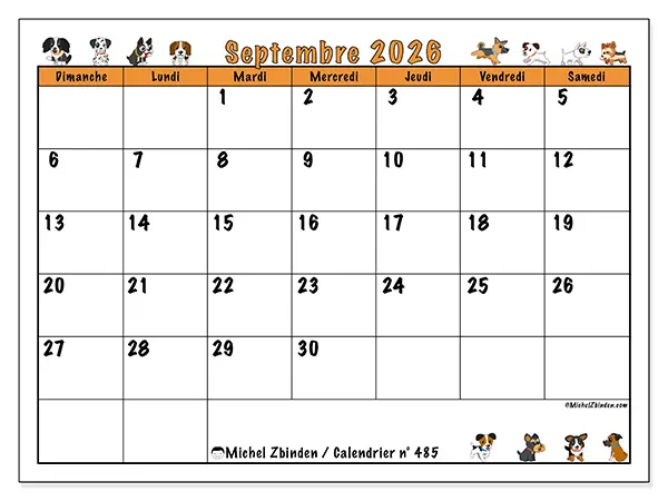 Calendrier septembre 2026 à imprimer - Chiens enthousiastes - Semaine du dimanche au samedi