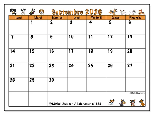 Calendrier septembre 2026 à imprimer - Chiens enthousiastes