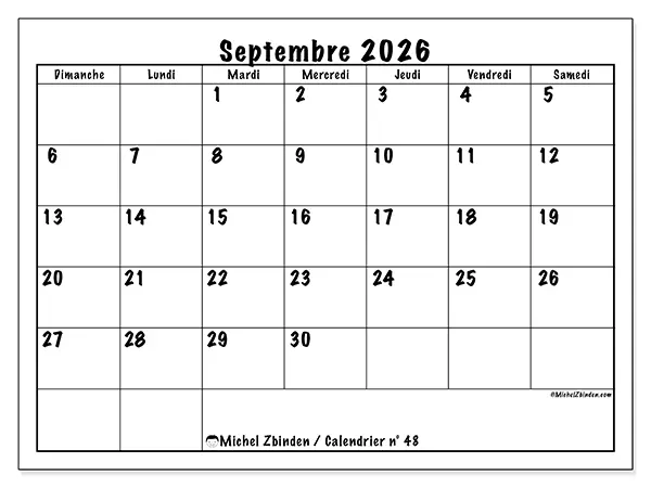 Calendrier septembre 2026 à imprimer - Efficacité quotidienne - Semaine du dimanche au samedi