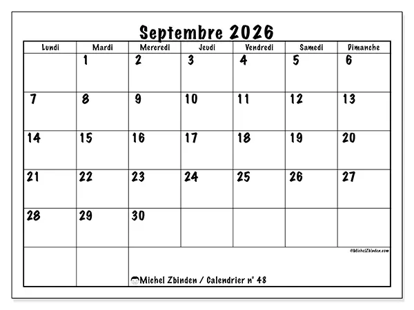 Calendrier septembre 2026 à imprimer - Efficacité quotidienne