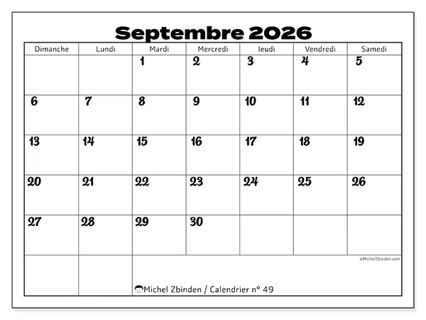 Calendrier septembre 2026 à imprimer - Coordination productive - Semaine du dimanche au samedi