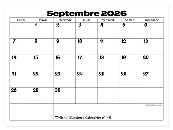 Calendrier septembre 2026 à imprimer - Coordination productive
