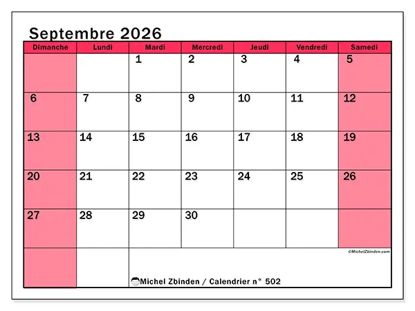 Calendrier septembre 2026 à imprimer - Gestion lumineuse - Semaine du dimanche au samedi