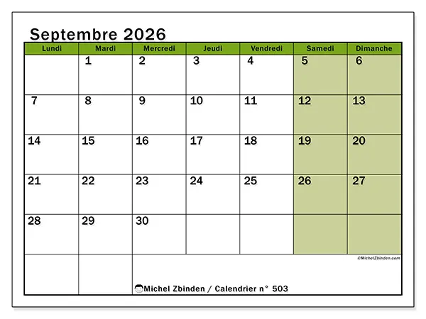 Calendrier septembre 2026 à imprimer - Organisation vivante