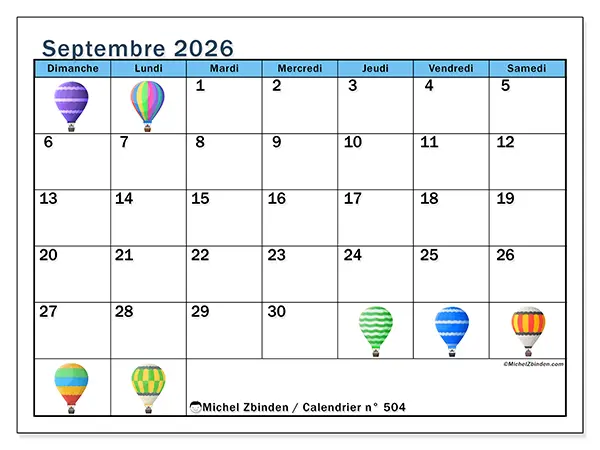 Calendrier septembre 2026 à imprimer - Montgolfières - Semaine du dimanche au samedi
