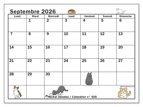 Calendrier septembre 2026 à imprimer - Vie de chat