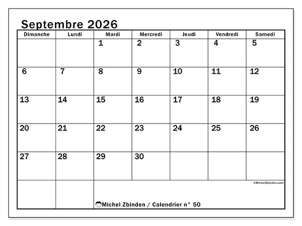 Calendrier septembre 2026 à imprimer - Planification optimale - Semaine du dimanche au samedi
