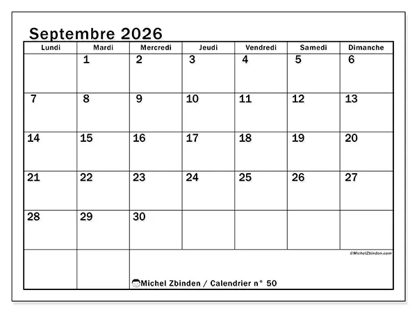 Calendrier septembre 2026 à imprimer - Planification optimale