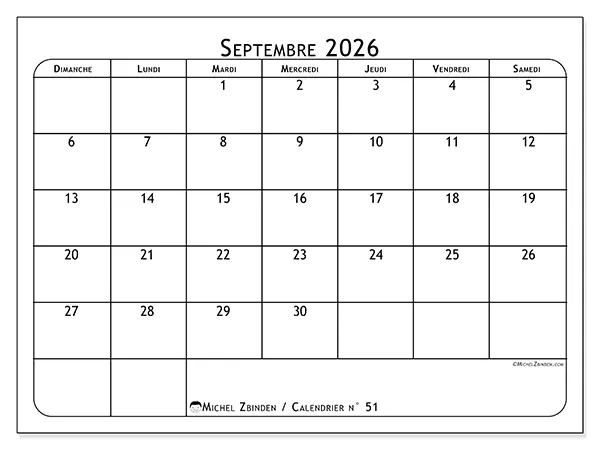 Calendrier septembre 2026 à imprimer - Programme des repas - Semaine du dimanche au samedi