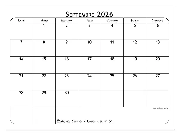 Calendrier septembre 2026 à imprimer - Programme des repas