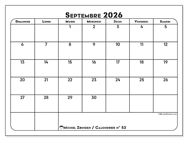 Calendrier septembre 2026 à imprimer - Organisation professionnelle - Semaine du dimanche au samedi