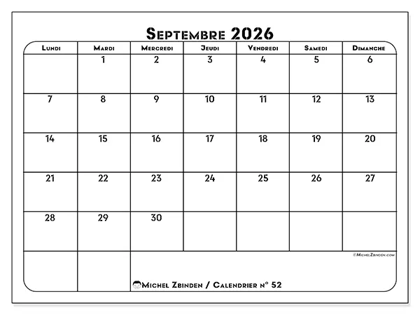 Calendrier septembre 2026 à imprimer - Organisation professionnelle