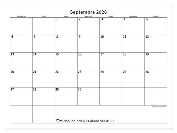 Calendrier septembre 2026 à imprimer - Horaire efficace - Semaine du dimanche au samedi