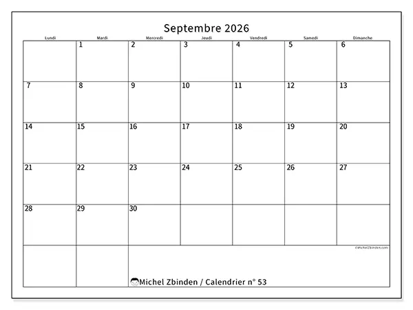 Calendrier septembre 2026 à imprimer - Horaire efficace
