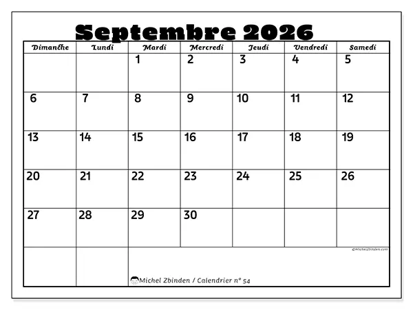 Calendrier septembre 2026 à imprimer - Activités en famille - Semaine du dimanche au samedi