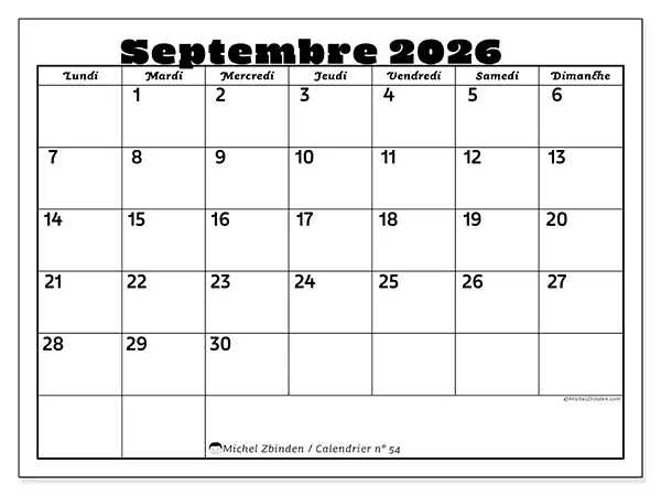 Calendrier septembre 2026 à imprimer - Activités en famille