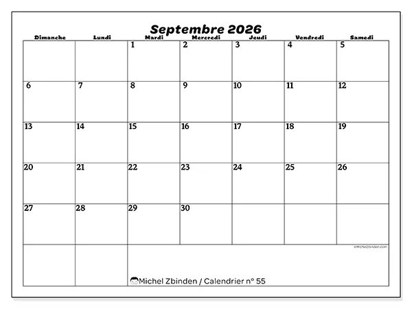Calendrier septembre 2026 à imprimer - Organisation des loisirs - Semaine du dimanche au samedi
