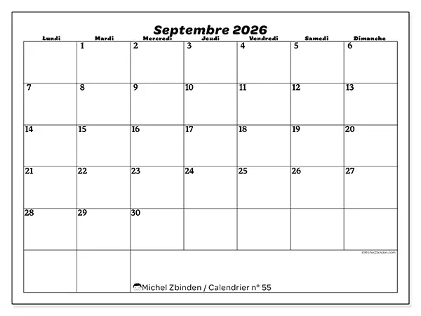 Calendrier septembre 2026 à imprimer - Organisation des loisirs