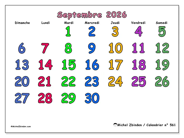 Calendrier septembre 2026 à imprimer - Moments créatifs - Semaine du dimanche au samedi